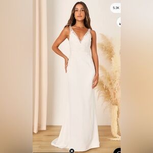 Lulu's Precious Promise White Satin Embroidered Lace Mermaid Maxi Dress